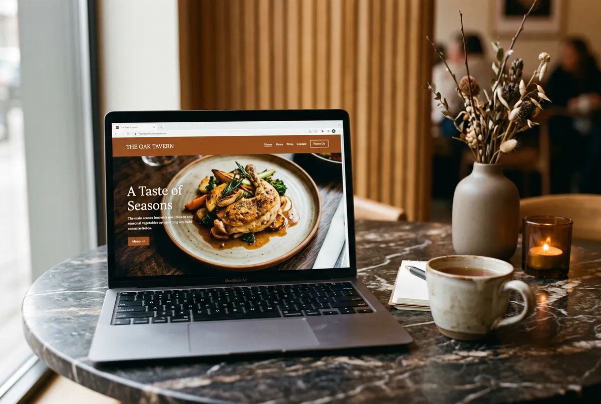 Un ordinateur portable posé sur une table de restaurant, affichant un site de commerce